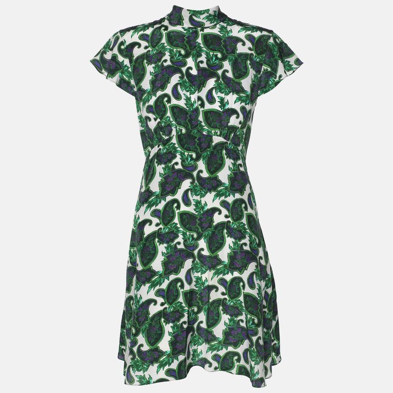 Sandro Green Paisley Print Silk Neck Tie Mini Dress S